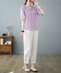 tシャツ・カットソー | Tシャツ ブラウス レディース Vネック カジュアル エレガント 半袖 30代 40代 カットソー 夏新作 おしゃれ 大きいサイズ 体型カバー コットン 麻混 ゆったり