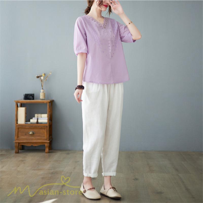 tシャツ・カットソー | Tシャツ ブラウス レディース Vネック カジュアル エレガント 半袖 30代 40代 カットソー 夏新作 おしゃれ 大きいサイズ 体型カバー コットン 麻混 ゆったり