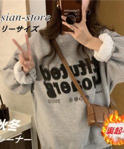 パーカー | トップス トレナー 裏起毛 長袖 秋冬 コーデ カジュアル 長袖トレーナー プリント 40代 50代 フリーサイズ レトロ風 グレー クルーネック 20代 30代 おしゃれ