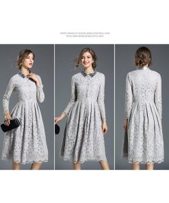 在庫ある | 短納期レースドレス フレアワンピース 膝丈ワンピ ハイウエスト シルエット 二次会 披露宴 ダンス 舞台衣装 エレガント 上品 着痩せ 結婚式 パーティー OL