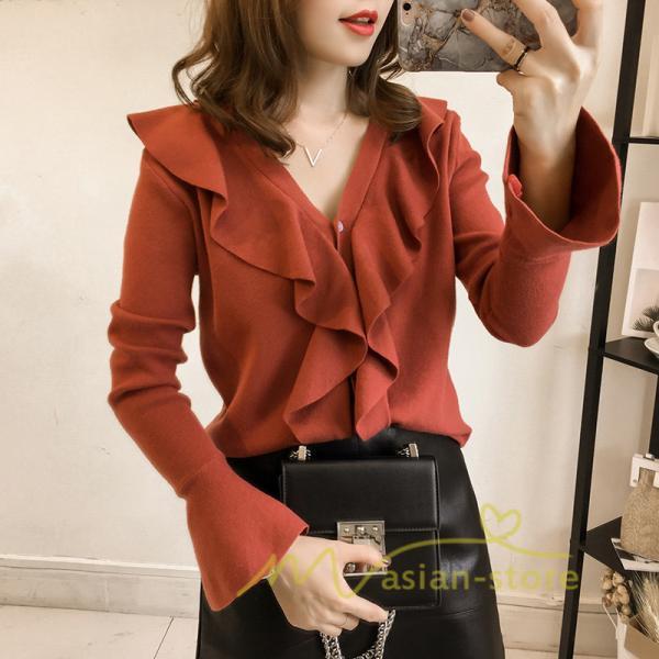 在庫ある | 短納期ニットインナーレディーストップス ニットブラウス フレアファッション フォーマルオフィスビジネスカジュアルブラウス 薄手 通学通勤 可愛い 着痩せ OL