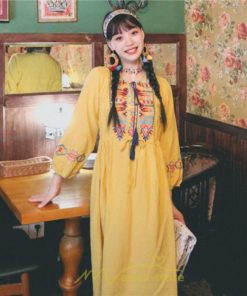 マキシ | ロングワンピース  レディース 夏 秋 夏秋 リゾート ロング ワンピ 長袖 大人 白 黄色 青 赤 四色展開 がーりー 刺繍 レトロ風 かわいい おしゃれ きれいめ 上品