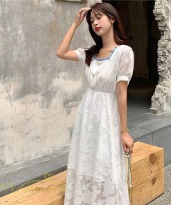 ミディアム | ワンピース レディース 着痩せ スクエアネック 上品 可愛い 半袖 ハイウエスト 透け感 Aラインワンピース 韓国風 20代 お出かけ 通勤通学 30代 きれいめ 40代