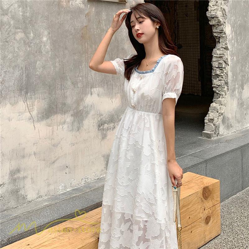 ミディアム | ワンピース レディース 着痩せ スクエアネック 上品 可愛い 半袖 ハイウエスト 透け感 Aラインワンピース 韓国風 20代 お出かけ 通勤通学 30代 きれいめ 40代