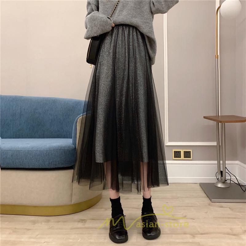 スカート | チュール秋冬 チュールフレアロングキラキラ ふんわり ウエストゴム レディース Aラインミモレ丈可愛 キレイめ ボトムス