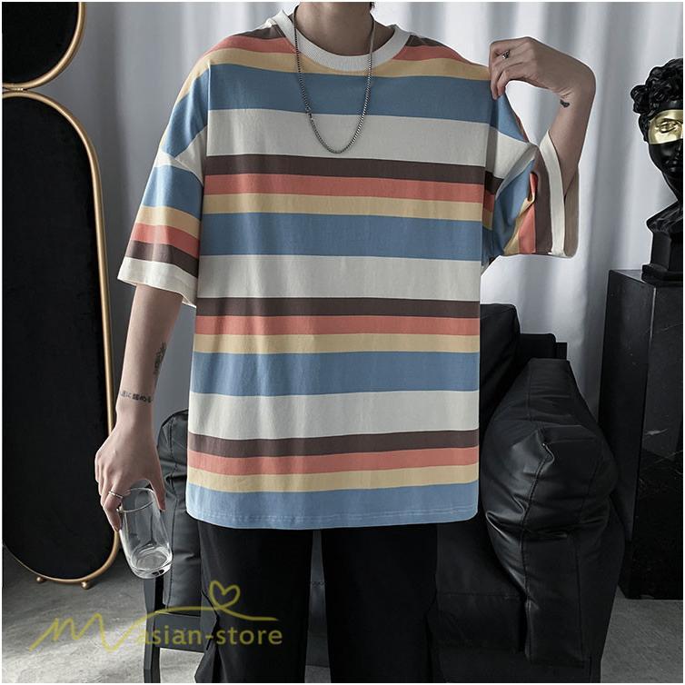 Tシャツ | カットソー メンズ ストライプ カジュアルクルーネック 5分袖 ワイドトップス メンズスタイル カッコウイイ 夏服 上品 日常感