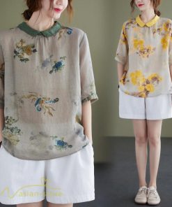 ｔシャツ・カットソー | Tシャツ Tシャツ プリント カジュアル 麻綿 リネン シャツ トップス サマーシャツ 襟付き カジュアル 大きいサイズ 夏コーデ 5分袖 麻綿 トレンド レディース