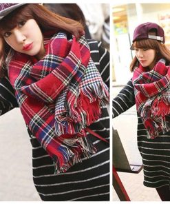 マフラー | チェック リバーシブル フリンジ付きストール 大判 厚手 肩掛け