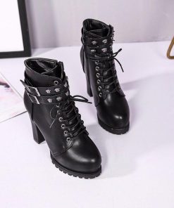 ショートブーツ | ブーツ 厚底シューズ ラウンドトゥ チャンキーヒール レースアップ サイドファスナー ハイヒール 厚底ブーツ レディース 黒ブーツ 25cm