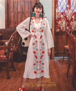 マキシ | エスニック刺繍ワンピース ロングワンピース 夏 秋 長袖 大人可愛い ゆったり リゾート 民族風 刺繍 着痩せ 20代30代40代 大人 Aライン エレガント 体型カバー