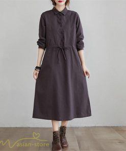 ワンピース | 長袖綿麻Aラインレディース ロングミモレ丈 無地 シャツカワイイ 大人 ワンピ