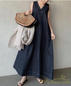 マキシ | ワンピース ノースリーブ デニムワンピース ロングワンピース マキシ丈 Vネック Aラインワンピース 無地 ゆったり 広い裾 夏ワンピ 30代40代50代 大人