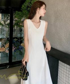 ミディアム | ワンピース レディース ノースリーブ 着痩せ 春 夏 新作 無地 きれいめ サマーワンピース 20代 30代 40代 Vネック エレガント 韓国風 上品 通学 通勤 大人
