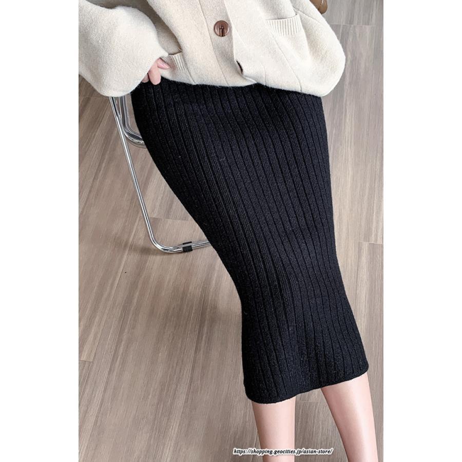 スカート | ニットストレッチレディース 秋冬 ロング丈 ミモレ丈 後ろスリット入れ タイトウエストゴム スリム リブニット 大人