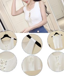 Tシャツ・カットソー | ニットキャミソール レースアップ 春夏 ノースリーブ レディース ニットビスチェ タンクトップ トップス