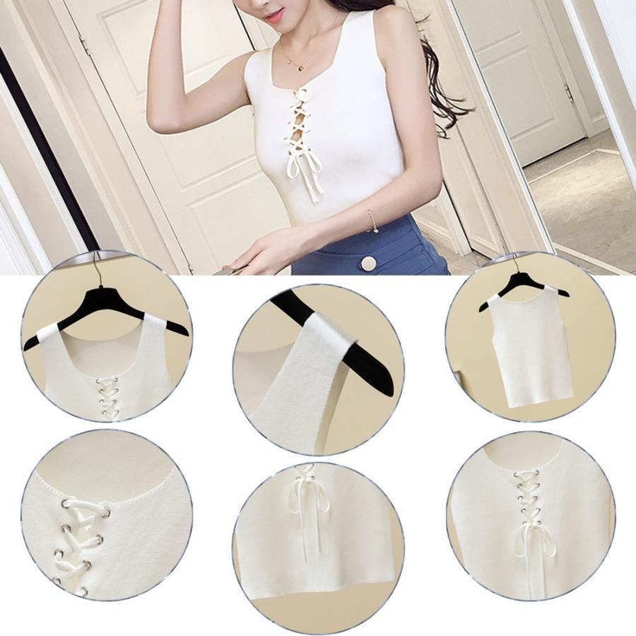 Tシャツ・カットソー | ニットキャミソール レースアップ 春夏 ノースリーブ レディース ニットビスチェ タンクトップ トップス