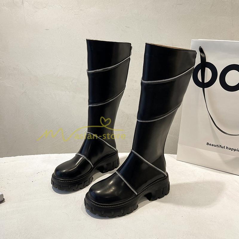 ロングブーツ | レディース ブーツ 秋冬 シューズ 靴 太ヒール チャンキーヒール 合皮ブーツ PUブーツ ロング靴 COS コスプレ 大人 後ろファスナー くつ