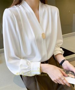 シャツ・ブラウス | ブラウス レディース 長袖ブラウス 春秋 オフィスブラウス 白vネック オシャレブラウス シフォントップス 韓国風 大人 上品 40代 ゆったりシャツ 通勤OL 50代