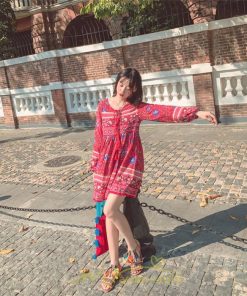 ミニ丈 | ワンピース レディース 春 夏 長袖 膝上 ショート 民族風 花柄 エスニック ボヘミアン 高品質 海外旅行 海デート 着痩せ Vネック レトロ リゾート カジュアル