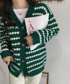 カーディガン | 配色ボーダー柄ニットカーディガンVネック