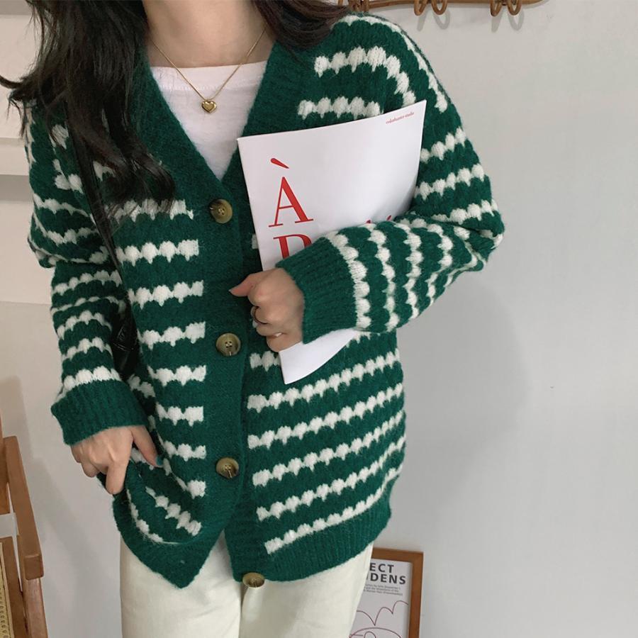 カーディガン | 配色ボーダー柄ニットカーディガンVネック