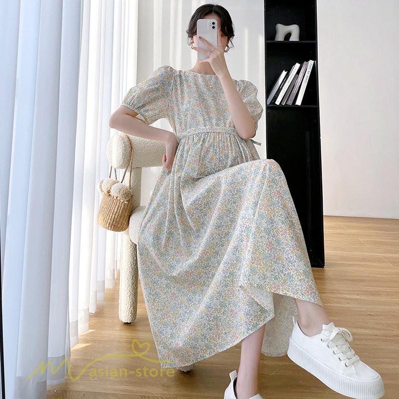 ワンピース | マタニティレディース Aライン 妊婦服 体型カバー 着痩せ マタニティウェア 小花柄 柔らか きれいめ お出かけ マタニティ 夏服 ひざ下丈