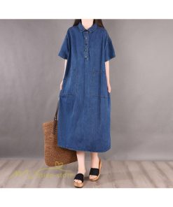 デニムワンピース | ワンピース シャツワンピース ロングデニムシャツワンピース 無地 膝丈 ゆったり 可愛い 半袖 カジュアル 夏コーデ 日常感 体型カバー 大人