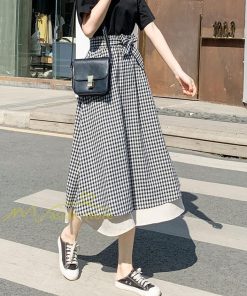 スカート | フレアロングレデイース リネンウエストゴム 綿麻混 マキシマキシ リゾート チェック柄 体型カバー