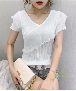 ｔシャツ・カットソー | サマーニット レディース 半袖 Vネック カラー きれいめ トップス Tシャツ ニットソー 薄手 新品 夏新作 2021 激売れ お出かけ ファッション 激売れ エレガント