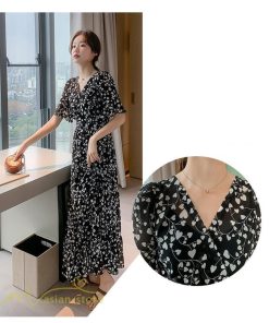 マキシ | ワンピース レディース マキシワンピース 小花柄 Vネック 半袖 5分袖 サマーワンピース シフォン Aラインワンピース 春 エレガント 夏 ウエストゴム ロング丈