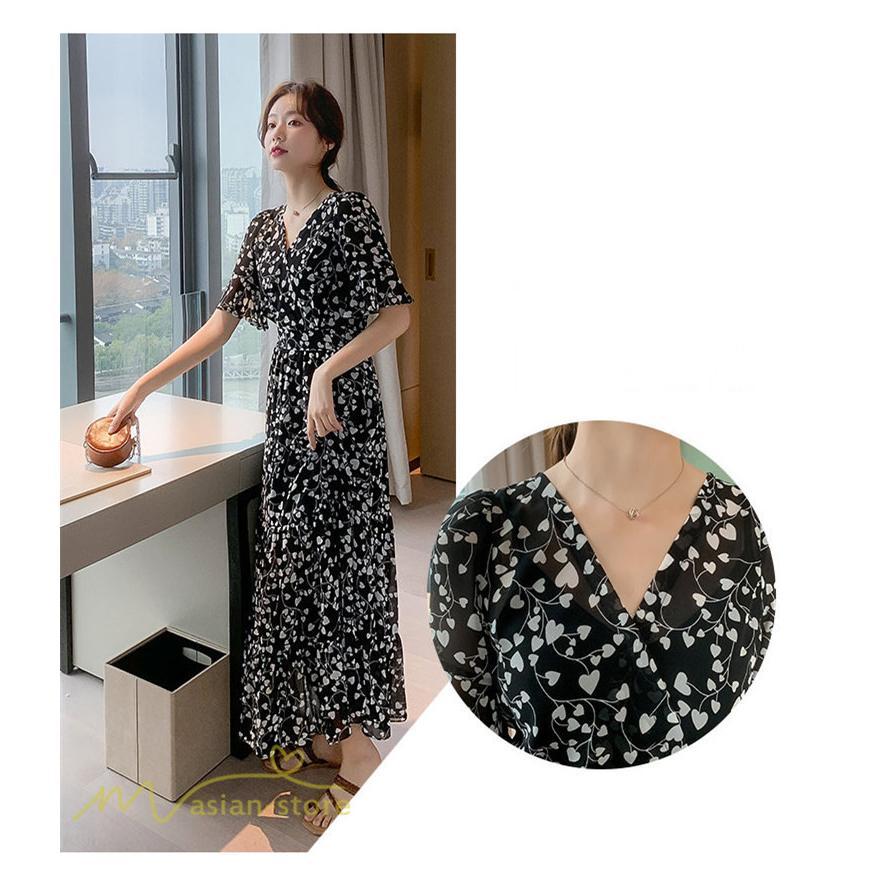 マキシ | ワンピース レディース マキシワンピース 小花柄 Vネック 半袖 5分袖 サマーワンピース シフォン Aラインワンピース 春 エレガント 夏 ウエストゴム ロング丈