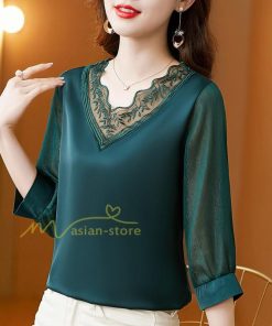 tシャツ・カットソー | Tシャツ レディース 7分袖 七分袖 カジュアル Vネック おしゃれ 女性用 シンプル 無地 ブラック 着痩せ レース付き シフォンシャツ 母の日 20代30代40代50代