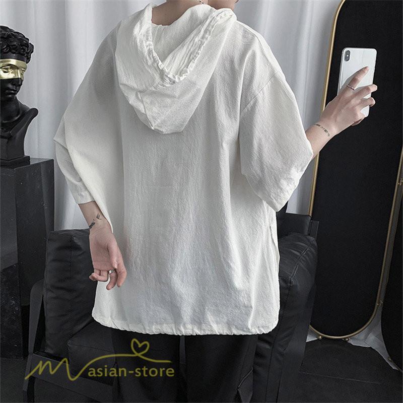 Tシャツ | トップス メンズ カットソー パーカー フード付き カジュアル 無地 7分丈 ゆったり 大きいサイズ 20代 30代 夏新作 ルームウェア 体型カバー シンプル