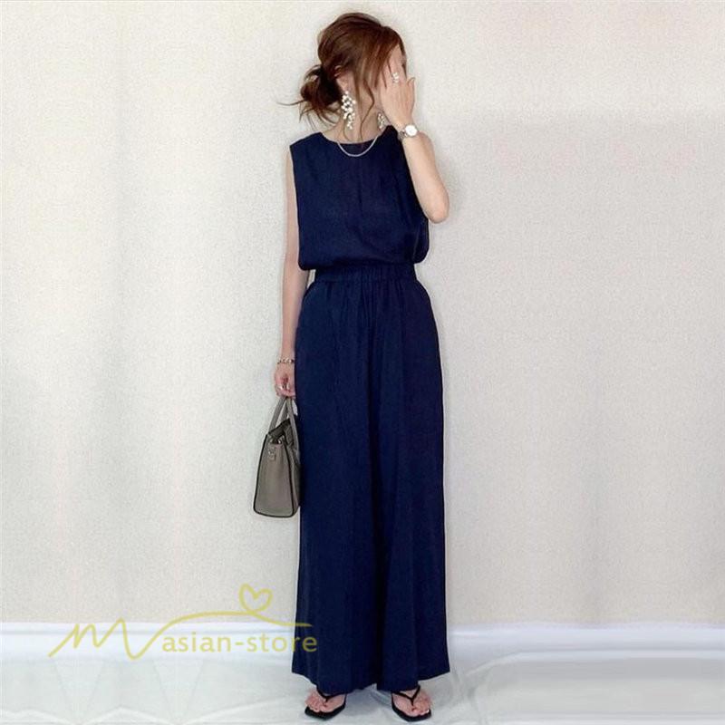 セットアップ | レディース 夏新作 無地 薄手 ワイドパンツ キャミソール ノースリーブ 薄手 上下セット ロングパンツ ガウチョパンツ ルームウェア 可愛い