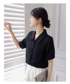 シャツ・ブラウス | トップス ブラウス 半袖 シャツ レディース オフィス フォーマル 白 黒 開襟 二重襟 バブルスリーブ 着痩せ フランス風 仕事服 クラシック 無地 通勤 大人 上品