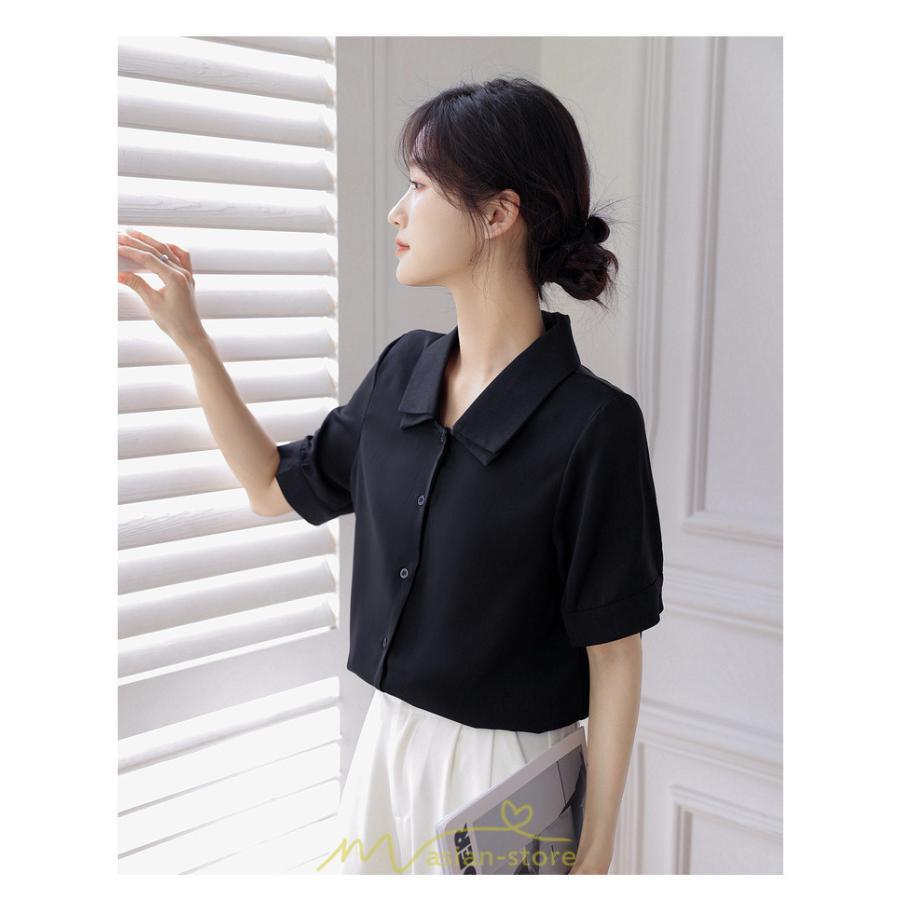 シャツ・ブラウス | トップス ブラウス 半袖 シャツ レディース オフィス フォーマル 白 黒 開襟 二重襟 バブルスリーブ 着痩せ フランス風 仕事服 クラシック 無地 通勤 大人 上品