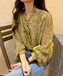 シャツ・ブラウス | 襟フリル シースルー 花柄ブラウス 女性