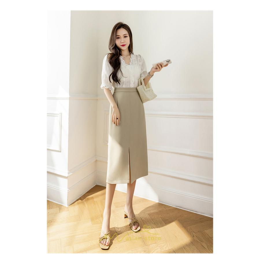 スカート | ボトムス 膝下 スリット ひざ下 Aライン ウエストゴム 楽 大人 きれいめ 20代 30代 40代 サイドチャック 通勤 上品 ビジネス オフィス