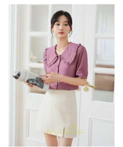 シャツ・ブラウス | ブラウス シフォン トップス レディース 白 紫 夏ブラウス シフォンブラウス 半袖 オフィス 春夏 クルーネック お出かけ 着痩せ 華奢見え フリル