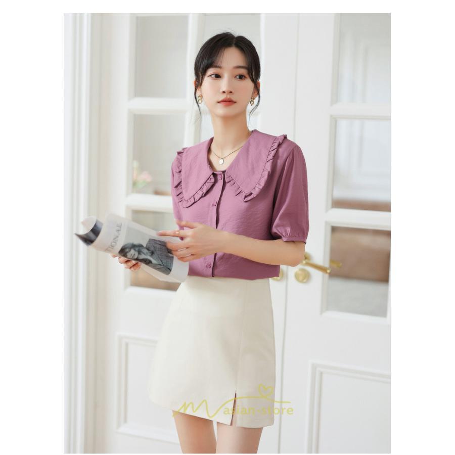 シャツ・ブラウス | ブラウス シフォン トップス レディース 白 紫 夏ブラウス シフォンブラウス 半袖 オフィス 春夏 クルーネック お出かけ 着痩せ 華奢見え フリル