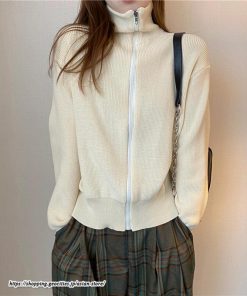 カーディガン | ニットレディース トップス リブニット ジップアップ ハイネック 羽織り 長袖 カーディガン ジャケット ライトアウター ニット セーター