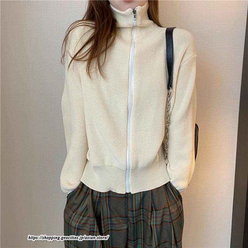 カーディガン | ニットレディース トップス リブニット ジップアップ ハイネック 羽織り 長袖 カーディガン ジャケット ライトアウター ニット セーター