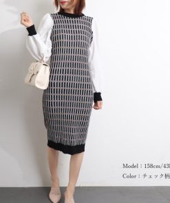 ワンピース | ニット袖異素材 パフスリーブ