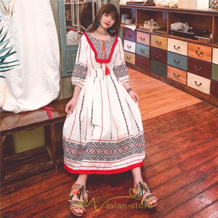 マキシ | ワンピース 夏 レディース リゾート きれいめ 夏ワンピ ファッション エスニック 幾何学柄 ウエストゴム レトロ サマーワンピース ロング 海外旅行 上品 夏服