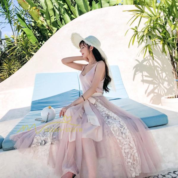 スカート | フレア チュールレディース ロングウエストゴム 春夏 リボン マキシ ドッキング 20代30代40代 着痩せ カジュアル お出かけ