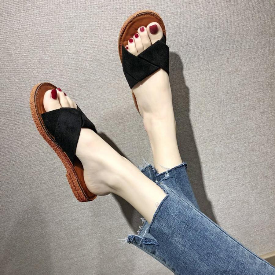 サンダル | ぺたんこレディース フラット クロスストラップコンフォート ビーチスエ−ド調 スリッパ