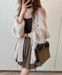 カーディガン | ニットミドル丈 レディース 羽織り ライトアウター 長袖 ニット セーター フロントボタン ボリューム 大きめ ゆったり パフスリーブ