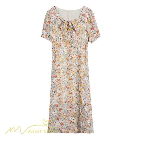 ミディアム | ワンピース Aライン レディース サマーワンピース 花柄 フレア 上品 シフォン 薄手 夏 新作 カジュアル 大人 着痩せ 裾口スリット 上品 おでかえk きれいめ