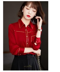 シャツ・ブラウス | ブラウス レディース シャツ トップス 赤 長袖シャツ 無地 オフィス カジュアル おしゃれ シフォン 通勤 通学 ナチュラル 可愛い 上品 オシャレ 秋服 キレイめ