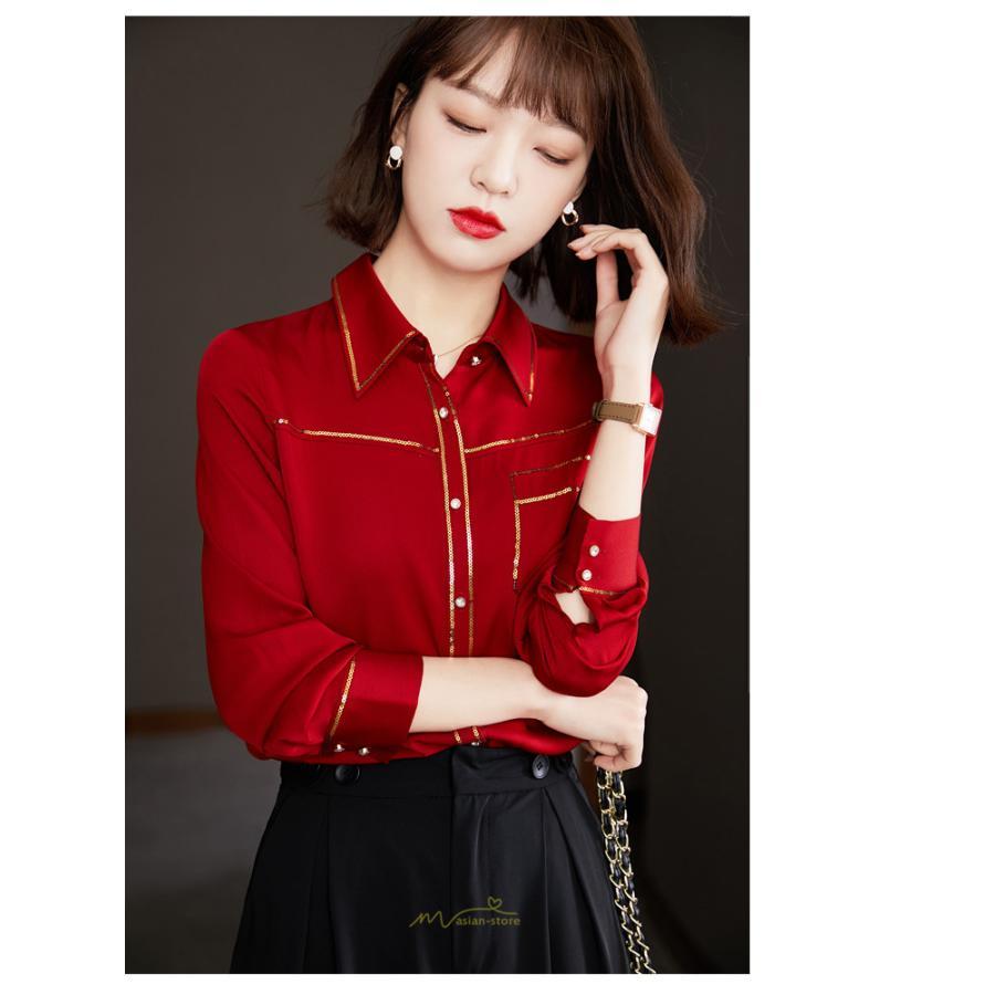 シャツ・ブラウス | ブラウス レディース シャツ トップス 赤 長袖シャツ 無地 オフィス カジュアル おしゃれ シフォン 通勤 通学 ナチュラル 可愛い 上品 オシャレ 秋服 キレイめ